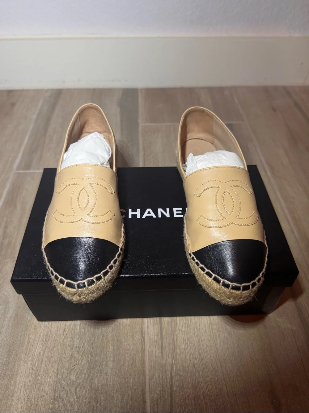 CHANEL Beige and Black Leather Espadrille Loafers